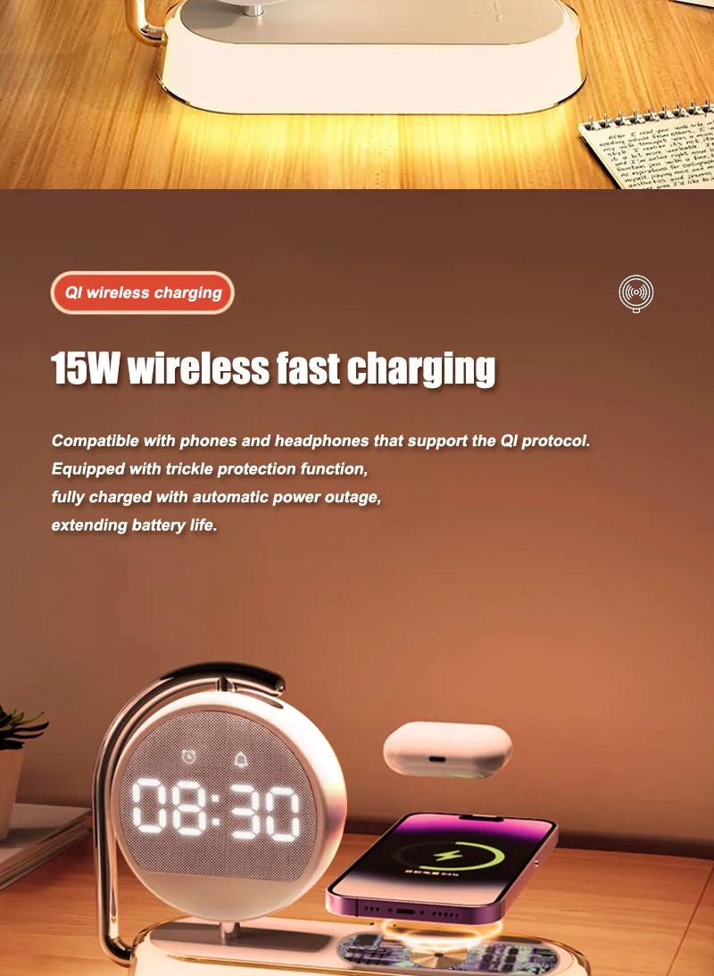 Multifunctional  LED Desktop 15W 3 in 1 Wireless Charger Alarm Clack Night Light Dock Foldable Qi Charger for iphone 15 Dropping