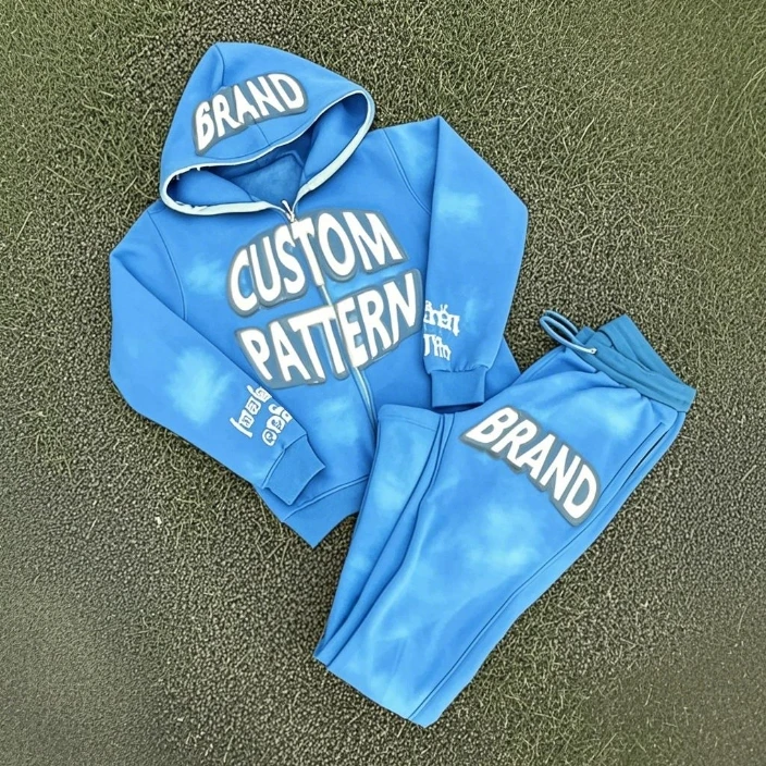 Custom Men's Flare Cropped Sweatsuit Jogging Acid Zipper Track Suit Set Puff Print Blank Flare Sweatpants and Hoodie Set