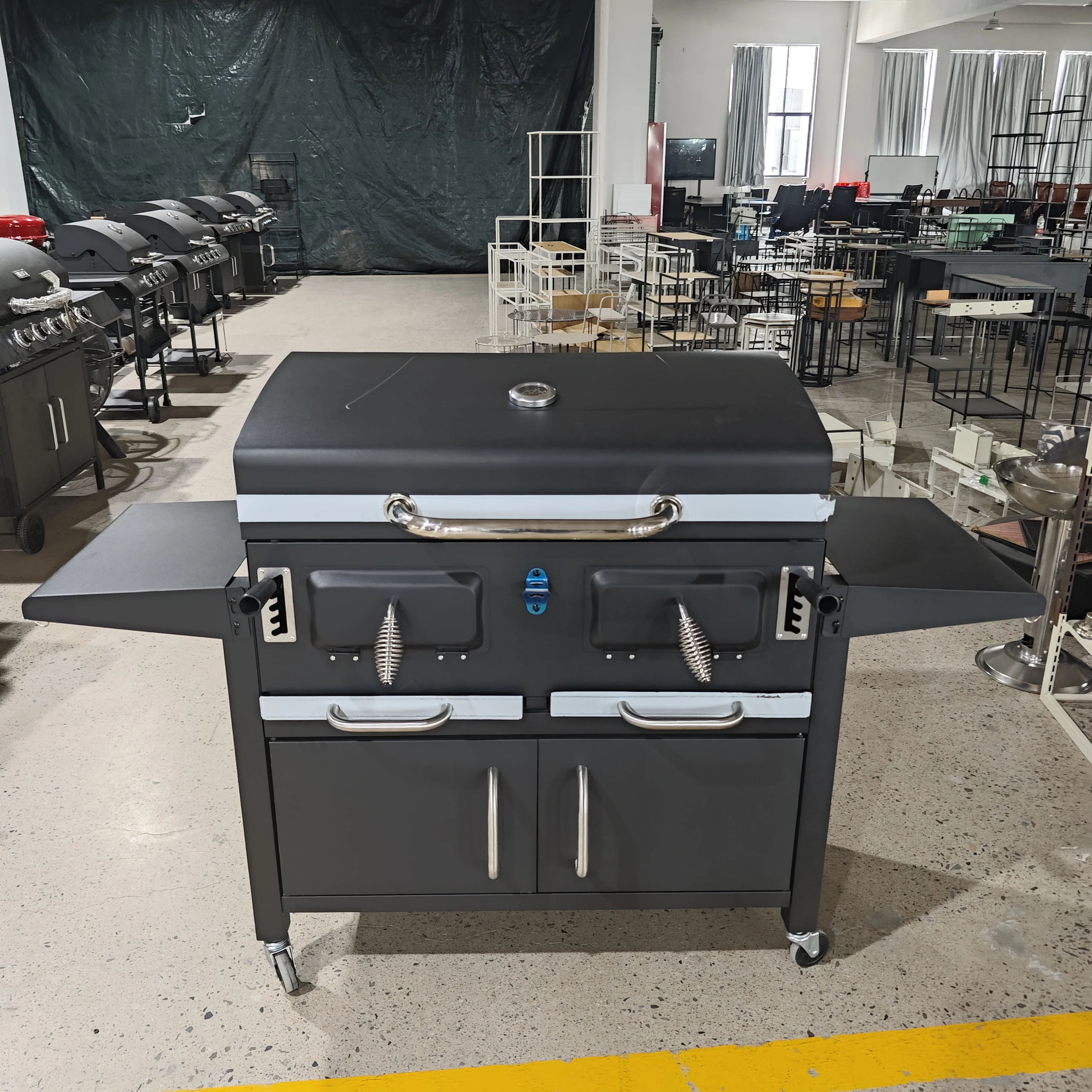 product large royal backyard adjustable height bbq grill smoker barbecue charcoal grill with chimney and thermometer-2