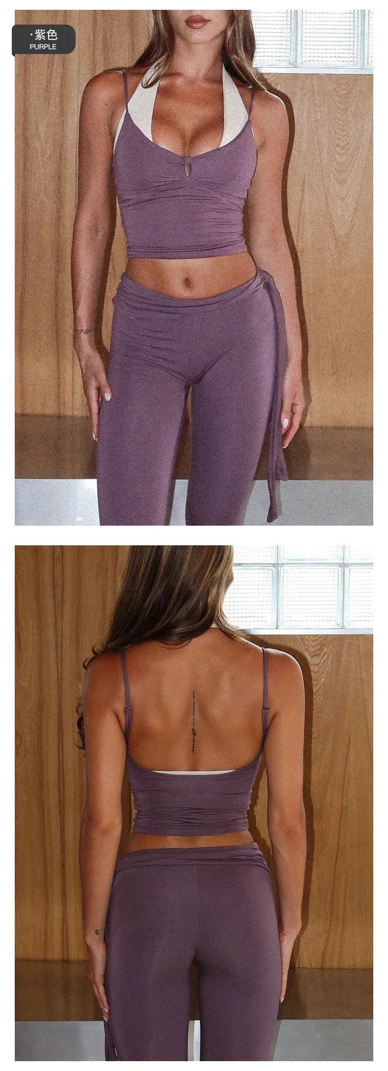 Yoga Halter Crop and Capri Leggings Set V Neck Self Tie Waist Four Way Stretch Quick Dry Activewear — detail