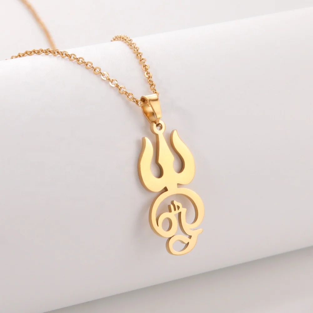 India Tamil Om Symbol with Trident Pendant Necklace Om Shiva Symbol Yoga Vintage Talisman Stainless Steel Jewelry