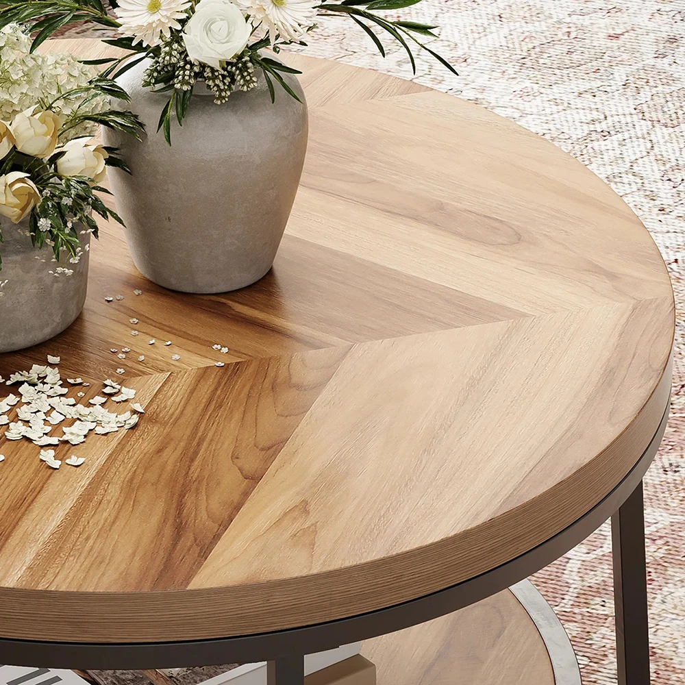 Modern 32\" Circle Accent Center Table with 2-Tier Storage Shelves Easy Assembly Wood Grain Design for Living Room Coffee Table details