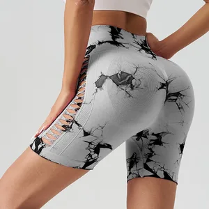Tie dye women's yoga shorts with side hollow tight sports pants high elasticity and quick drying breathable fitness yoga pants