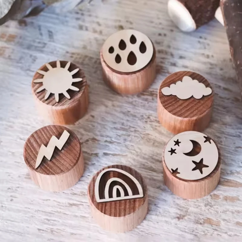 Waldorf Embossed Patterned Wooden Playdough Tool Toys Plasticine Clay Sensory Montessori Toys Wooden Playdough Stamp