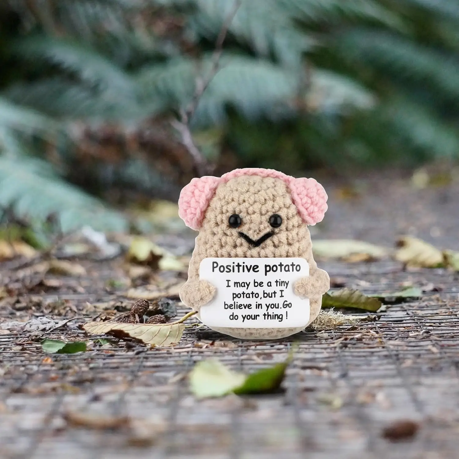 3PC Mini Positive Potato Crochet Dolls Set - Coffee Bean, Cup & Bee With Inspirational Cards