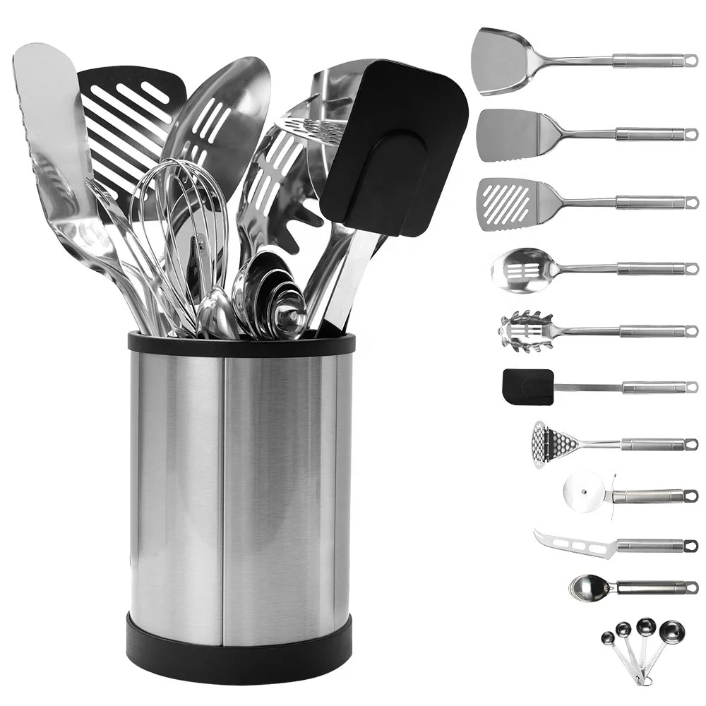 Hot Selling Stainless Steel Kitchen Gadgets Cooking Tools Stainless Steel Cooking Utensils Kitchen Utensils Set with Holder
