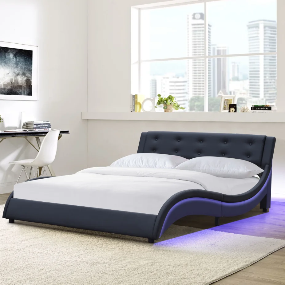Factory Price Black Leather King Size Upholstered Bed Frame With Led On ...