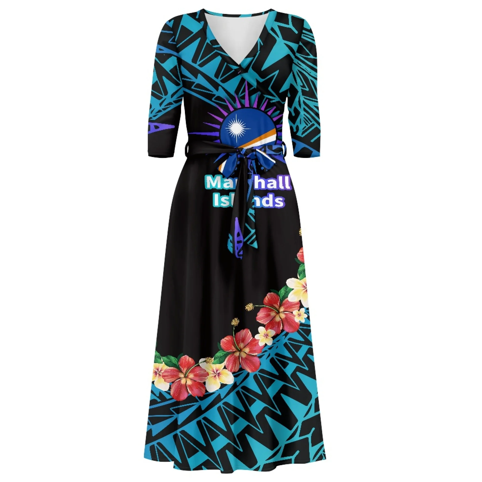 Luxury Marshall Islands Pattern Long Dress for Women Casual 3/4 Sleeve  Dresses Maxi Dress Empire Waist Loose with Belt Wholesale| Alibaba.com