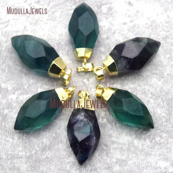 PM21893 Healing Crystal Rainbow Green Blue Fluorite Point Pendant Gold Plated Bail Faceted Crystal Pendant 36mmx15mm