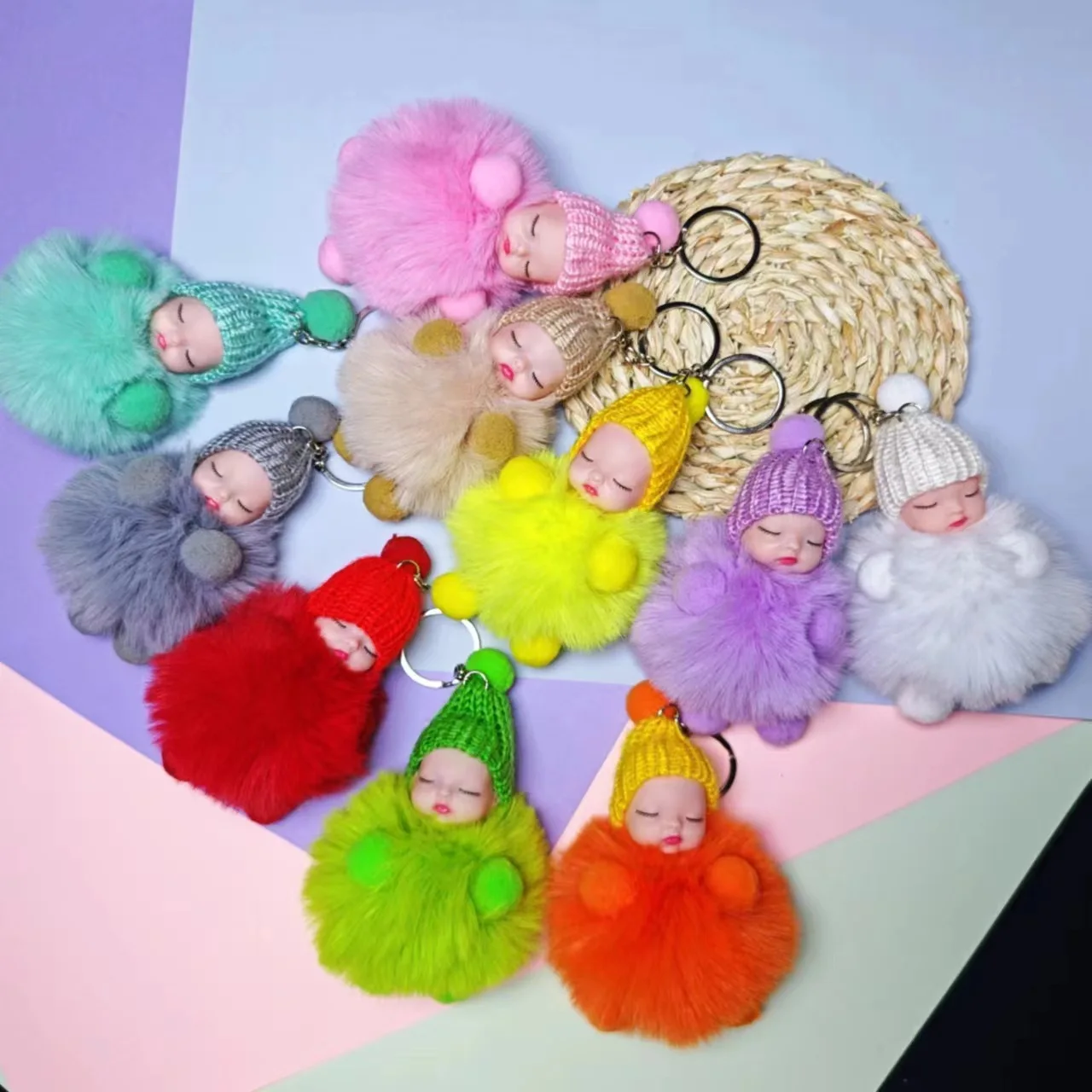 Porte-clés bébé endormi en peluche kawaii douce et moelleuse, pompon, breloques en fourrure pour sacs_voghion.com