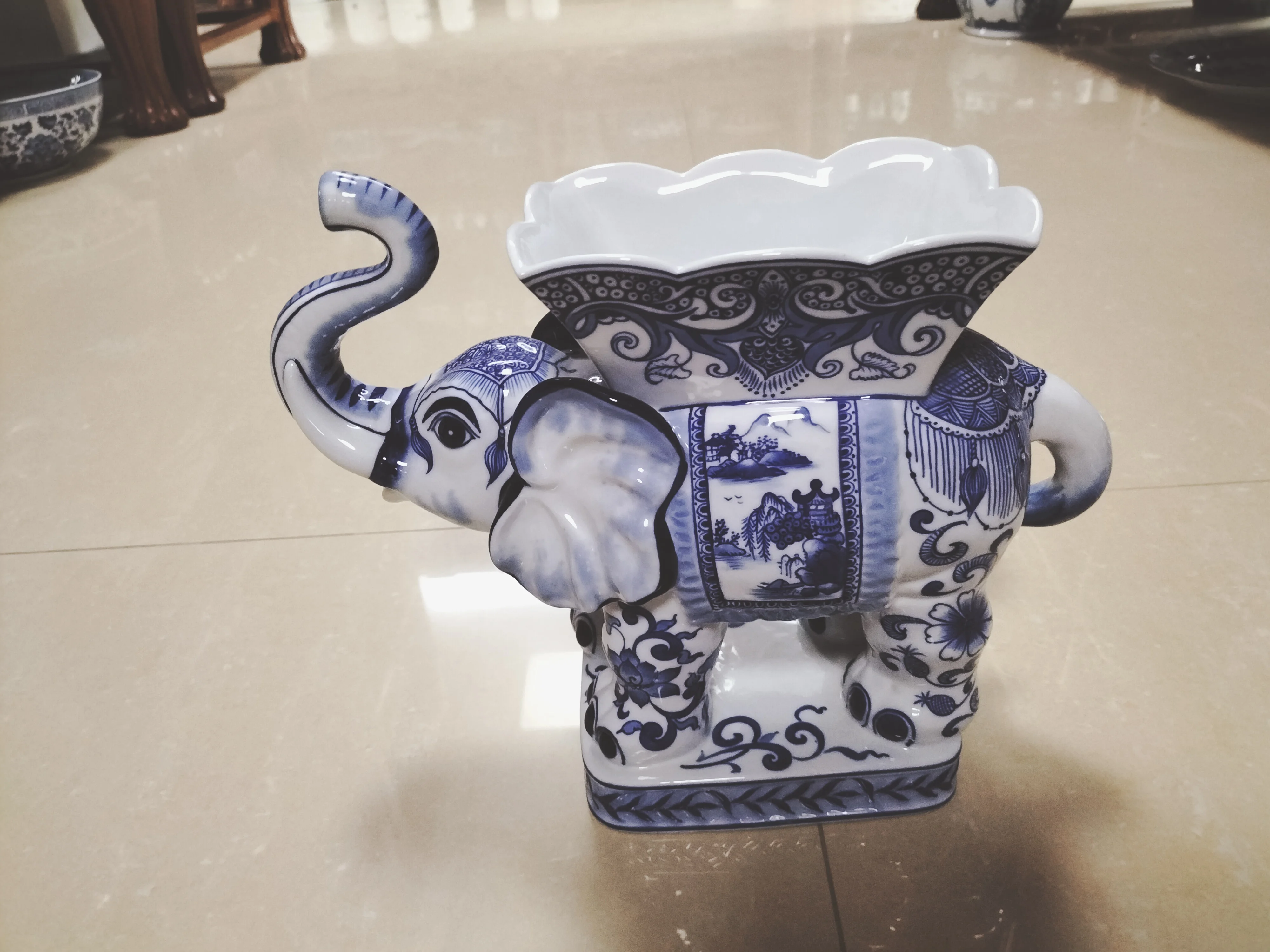 Thailand Blue and White Big Elephant Shape Ceramic Planter