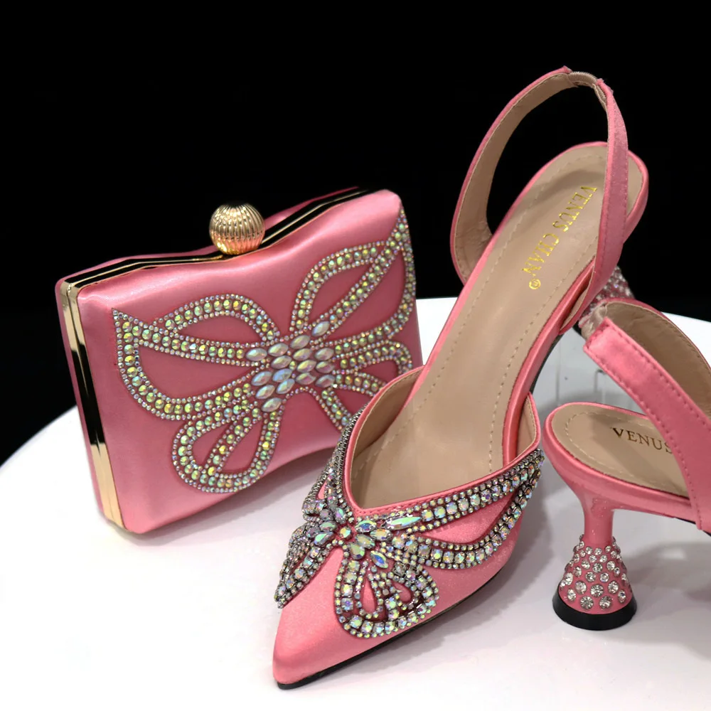 Stylish women's pointed rhinestone sandals with a matching square box bag - shoe bag combo set. High-quality, fashionable and durable accessories for women