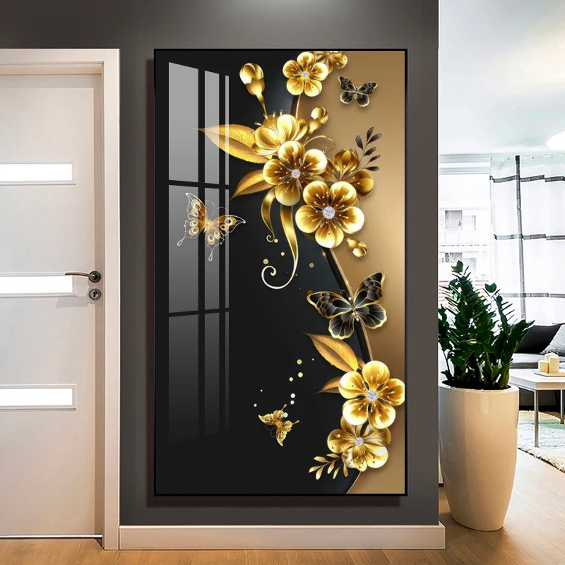 Factory Wholesale Custom Home Decoration Art Wall Art Crystal Porcelain Painting Abstract Golden Flowers Painting Led Light Art