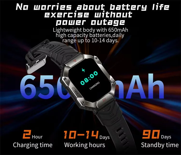 Smart Watch KR80 Men Outdoor Sports Fitness Tracker BT Call Music 2inch Screen Compass 650mAh Large Battery Smartwatch