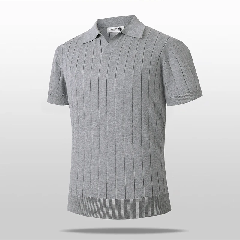 Men's vertical striped ribbed knit sweater, design, soft and stretchy, 65.5% viscose, 34.5% polyester, short-sleeved casual knit sweater.