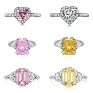 Special High Grade S925 Sterling Silver Ring with Yellow Pink High Carbon Diamond Retro Luxury Geometry Design