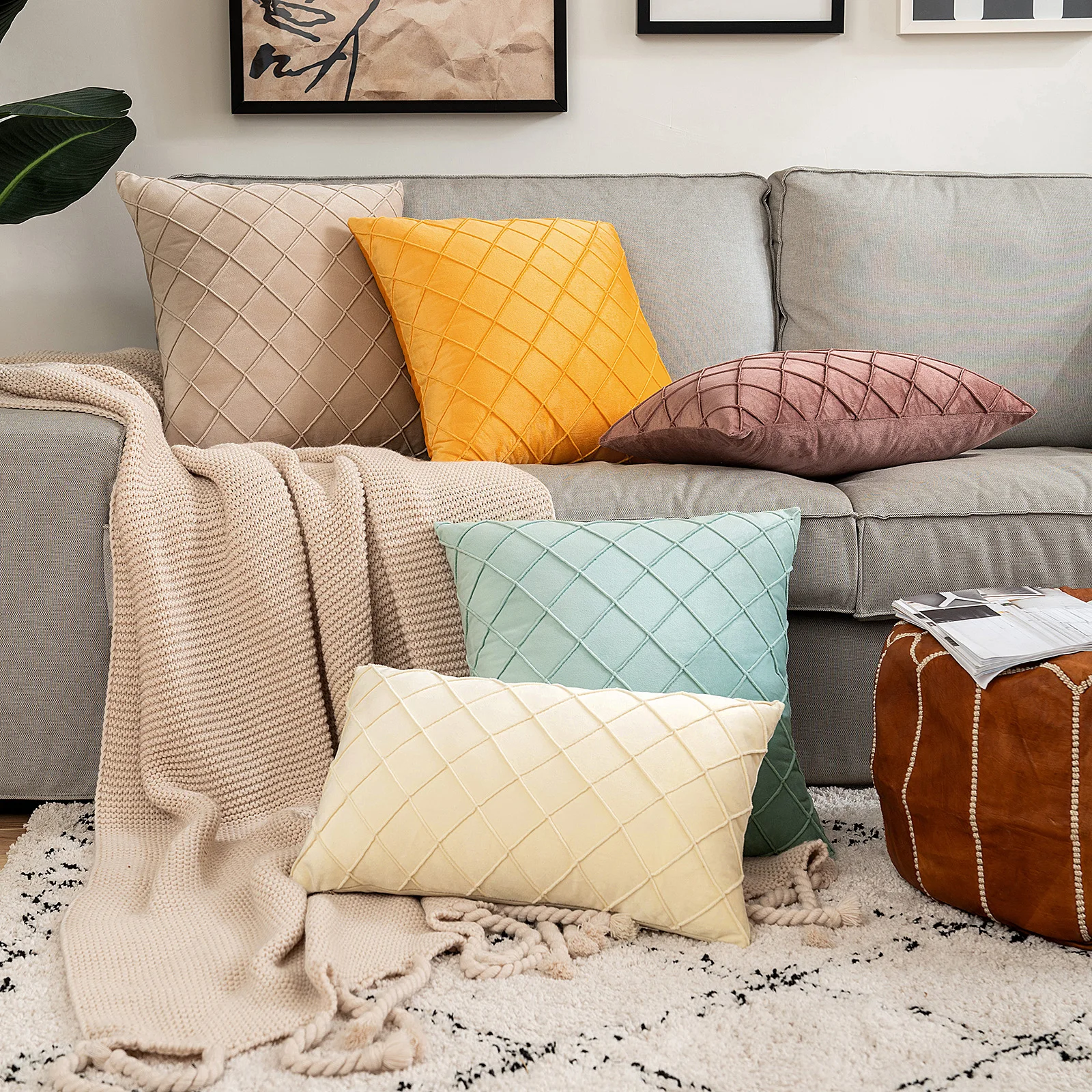 Luxury Sofa Velvet Pillow Cases Home Decoration Checked Velvet Pillow