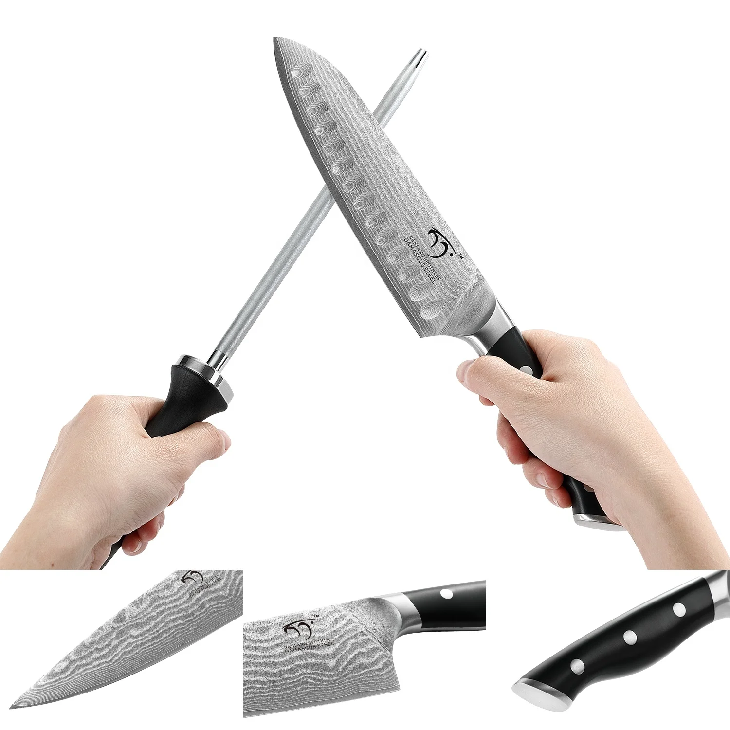 Damascus Kitchen Knife Set, 9 pieces Chef knife Set with Comfortable Ergonomic ABS Handle