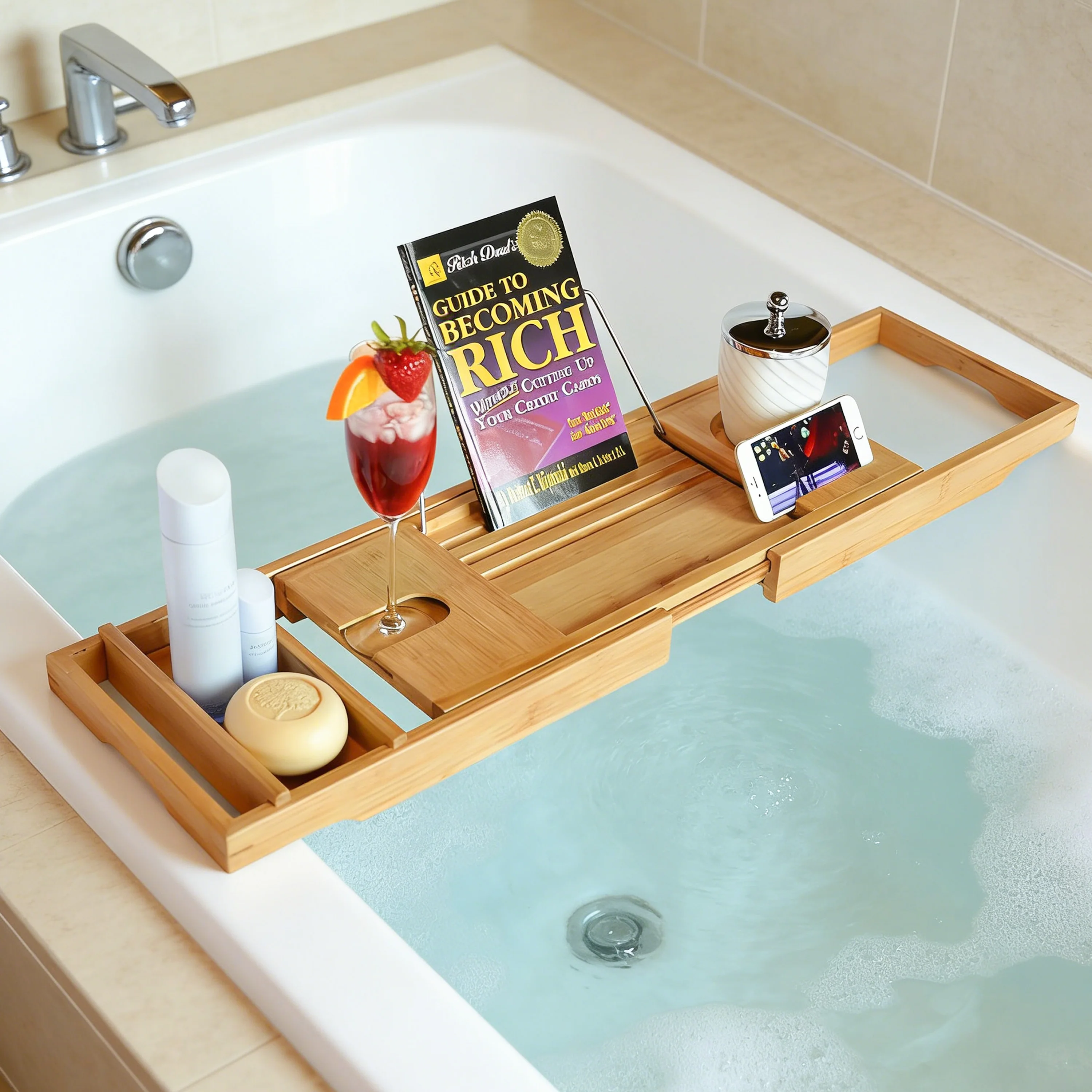Luxury Spa Bathroom Organizer Bamboo Bathtub Caddy Tray Extendable Bath Tub Tray with Wine Glass & Device Holder