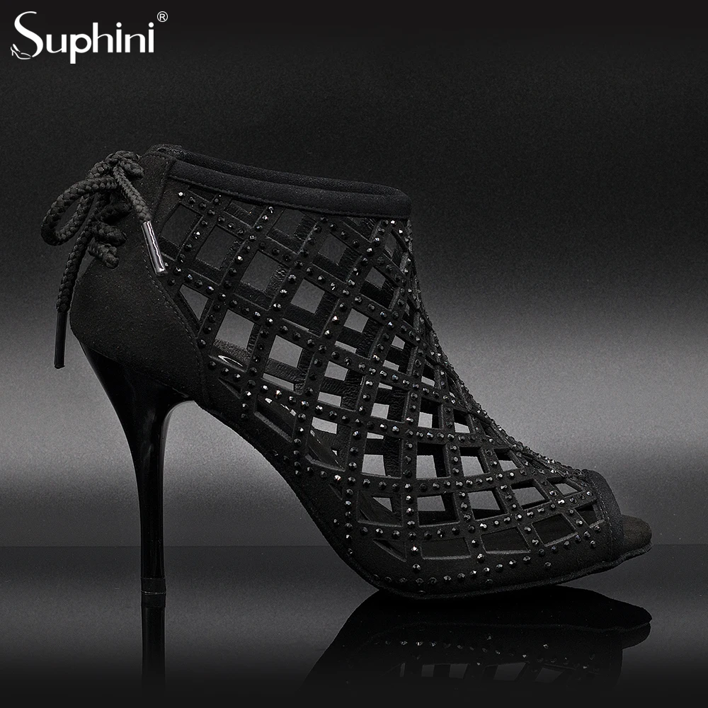 Suphini Exotic Black Microfiber Dancing Shoes Rhinestone Dance Boots