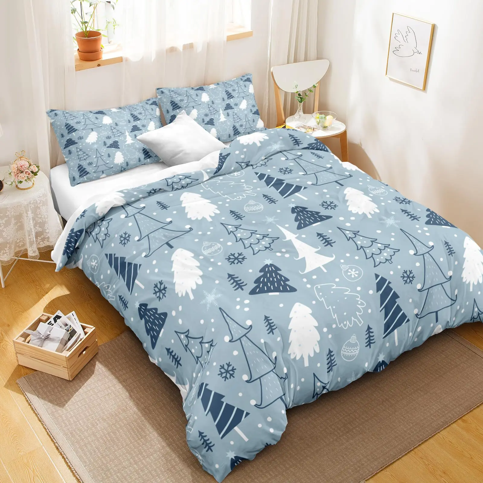 Christmas polyester bedding set 90g frosted luxury duvet cover set blue snowflake themed kids bedding set with cartoon character