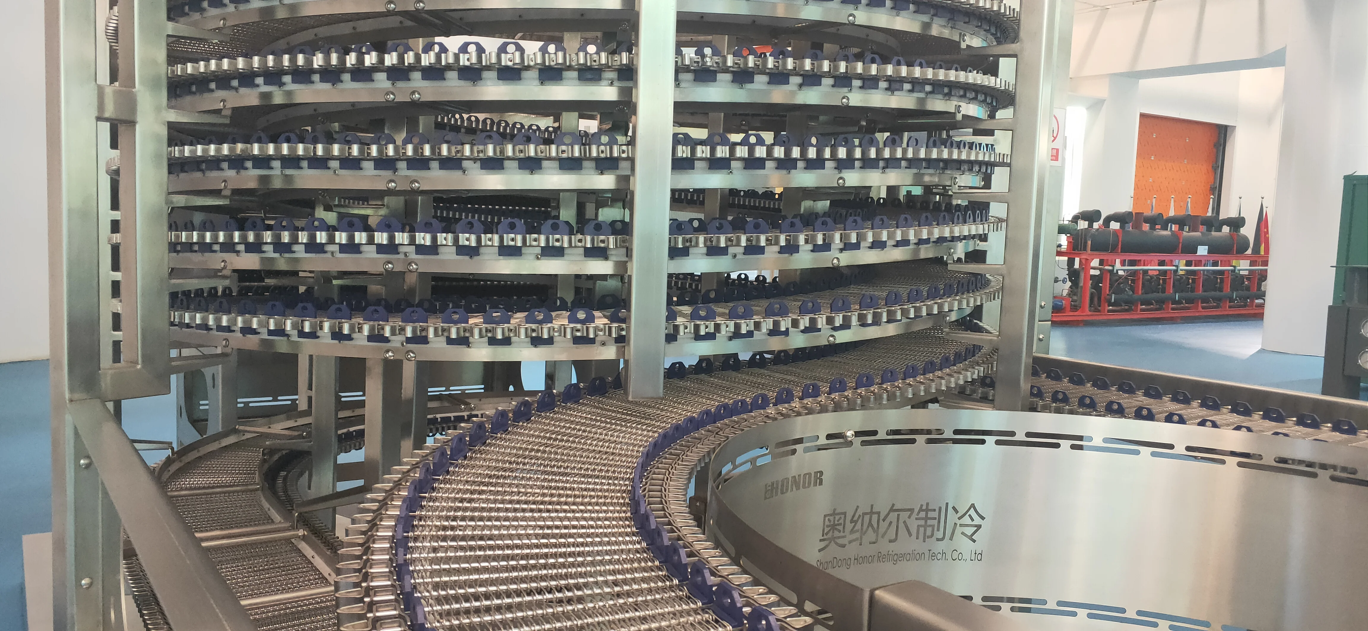 Food grade spiral freezer for meat and seafood processing