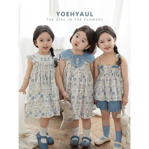 YOEHYAUL LX0219 Bunny Cotton Girls Beautiful Dresses for Children Summer Cute Fly Sleeve Dress Vest Shorts Kids 2 Piece Sets