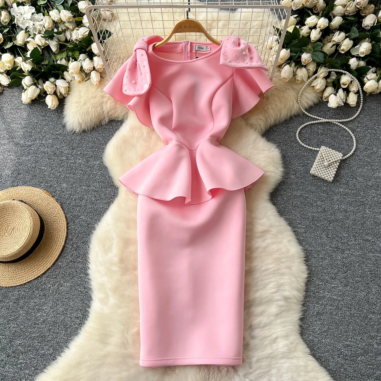 midi birthday dress for women Casual Vintage V-Neck Midi Wool Dress,Birthday Dress Women,Wedding Dre –  puresunlady main image 0