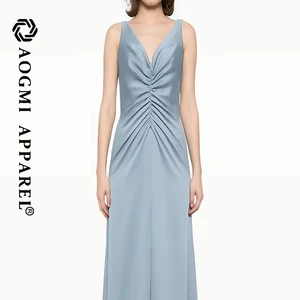 Women's Luxury A-Line Gown Spaghetti Strap V-Neck Satin Floor-Length Dress with Ruched Draped Pleat