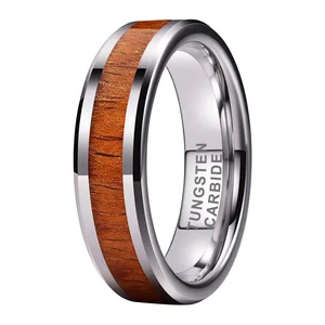 Coolstyle Jewelry 6mm Tungsten Carbide Ring for Men Women Fashion Engagement Wedding Band Koa Wood Inlay Beveled Comfort Fit