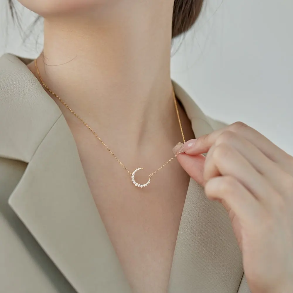 KAKODIY 925 Sterling Silver Cubic Zirconia Handmade Necklace White 18K Gold Plated Rhinestone Moon Necklace for Women detail 3