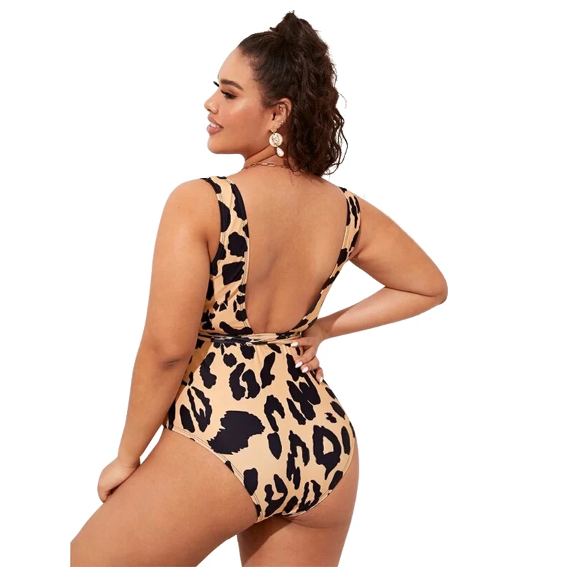 2022 New Design DAMO Plus Size Sexy Women Leopard Swimsuit Hollow Out Tie One Piece Sexy Tankini Recycled Nylon Swimwear