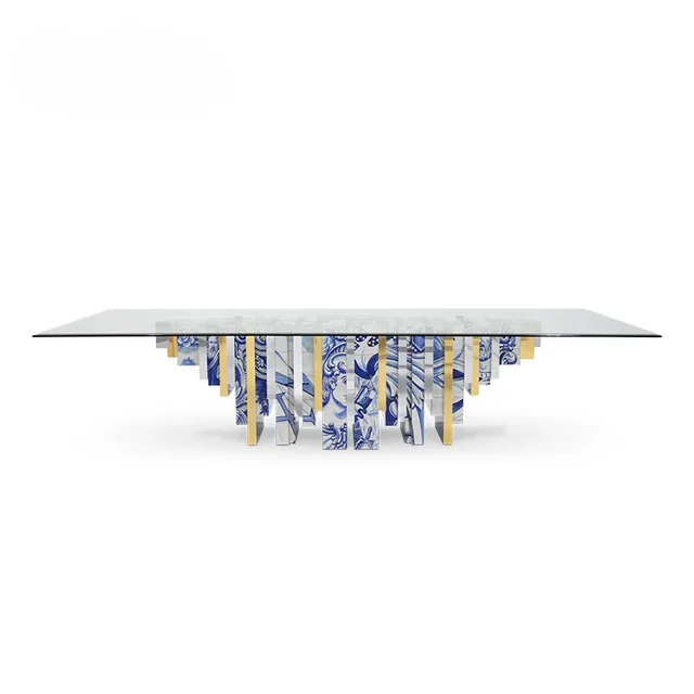 Handmade custom high artisan hand painted blue and white antique dining table Rectangular tempered glass top dining table