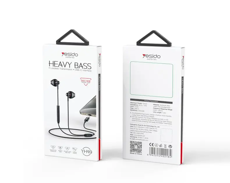 YH49 Yesido Aluminum Alloy In-ear Earphone With Remote Control Type-C Interface Wired Headphones