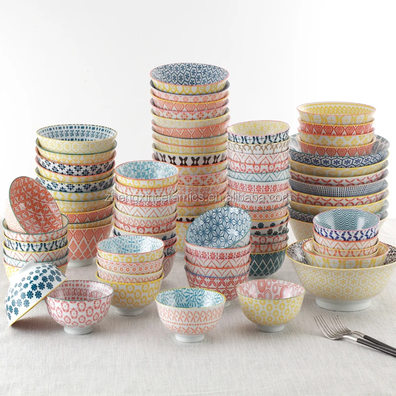 Japanese Creative Bohemian Pattern Porcelain Dinnerware Pad Printed Striped Bowl Ramen Soup Rice Safe Home Restaurant Use