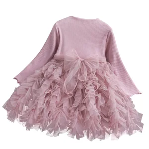 Wholesale Customizable Girls Tulle Dress Long Sleeve Pink Cake Skirt Chiffon Fabric Layered Silhouette Skirt for Children 2-14T