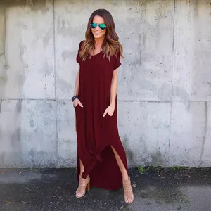 Solid Color Stitching Short Sleeve V-Neck Split Maxi Dress Casual European American Large Swing Loose Fit for Summer Natural
