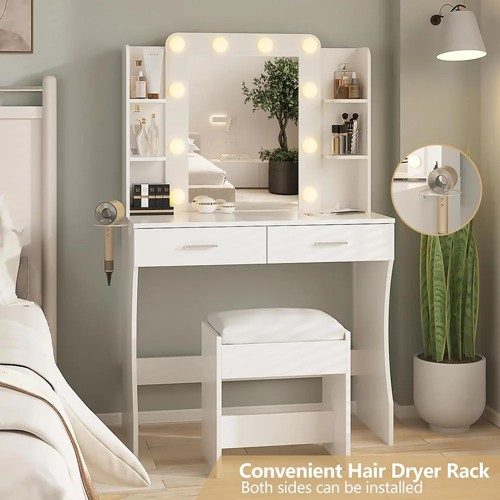 Modern Dressing Table with Light Mirror 2 Large Drawers Wood Makeup Vanity Desk with Adjustable Lighting LED for Bedroom