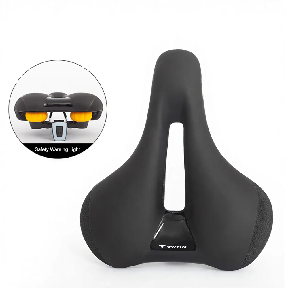 MTB Road Bike Saddle Leather Wide Comfortable Breathable Hollow with Warning Light Waterproof Shockproof Cushion