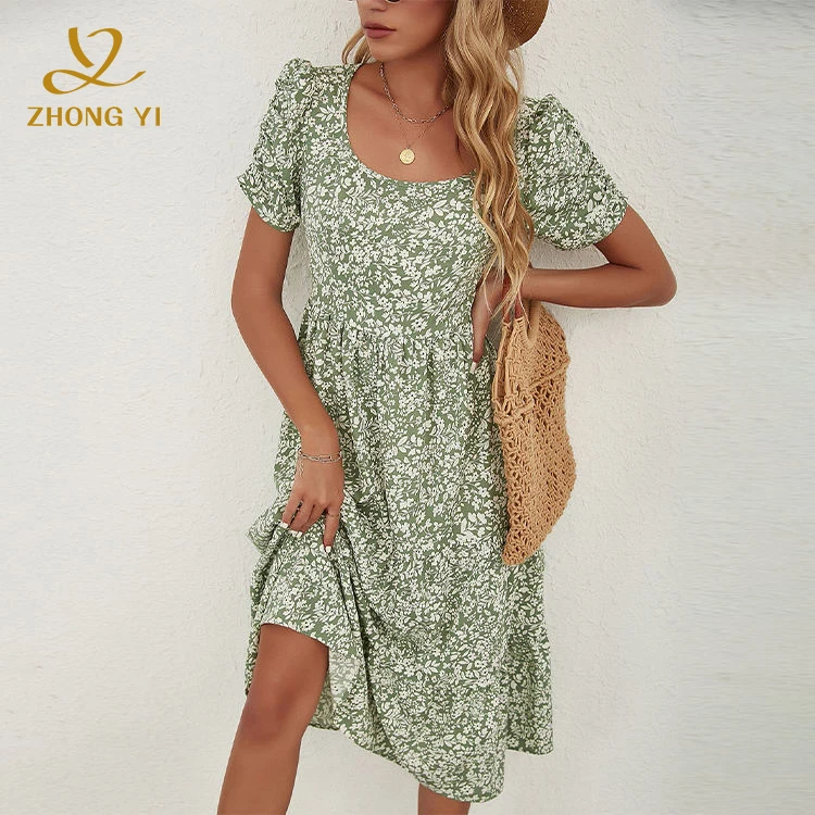 Custom 2024 Latest Design Summer Top Sell Short Sleeve Midi Dress Women Elegant Casual Floral Print Clothing Dresses