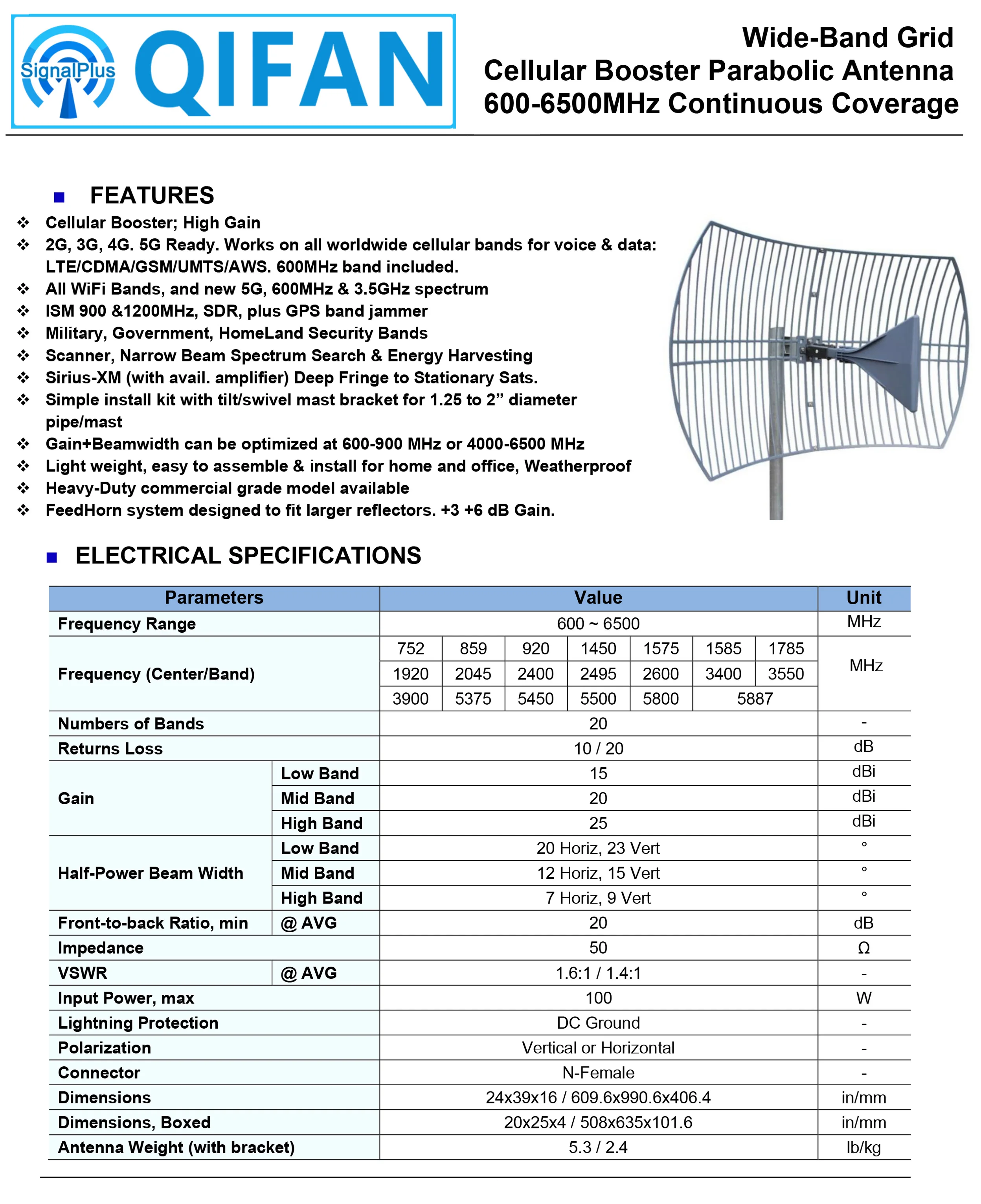 远程蜂窝天线室外手机升压天线 + 26dbi覆盖所有蜂窝频段LTE 4G 5g，最大25kms范围