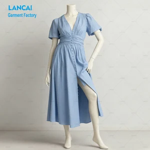 Elegant Women's Dress Manufacturer Wholesale Puff Sleeve V-Neck  Button Dresses for Lady Custom