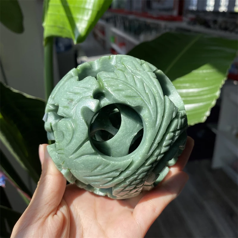Hand Carved Natural Xiuyan Jade Crystal Linglong Sphere