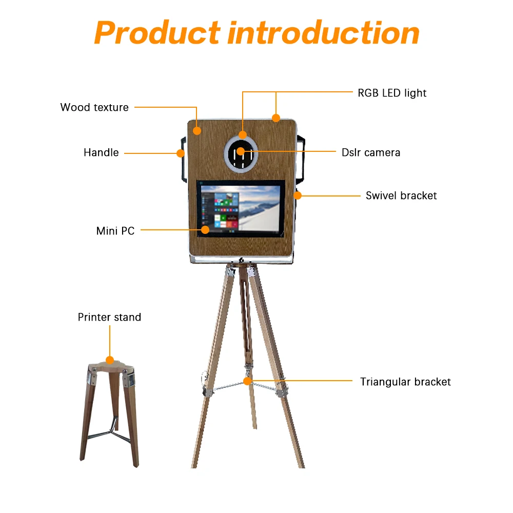 Portable Kiosk Camera With Printer Vintage Wooden Photo Booth Selfie