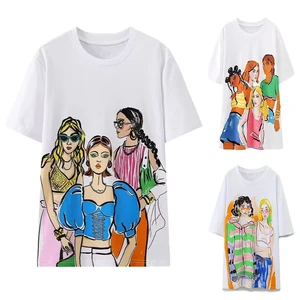 Women's Summer O-Neck Short-Sleeved Cotton Top Large Size Loose Fit Casual Character Y2K Street Style Knitted for Outings