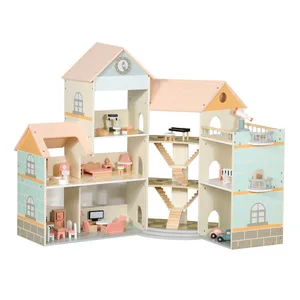 Three-Story Wooden Princess Doll House Mini Simulation Playroom Set Wooden DIY Model with Accessories for Children Role Play