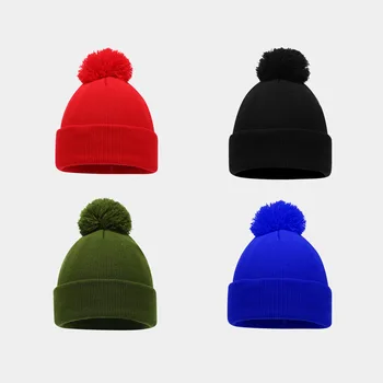 Winter Solid Color Outdoor  Fur Ball Windproof Warm Knitted  Hat Cold Cap Thick Knit Pompom Beanie Hats