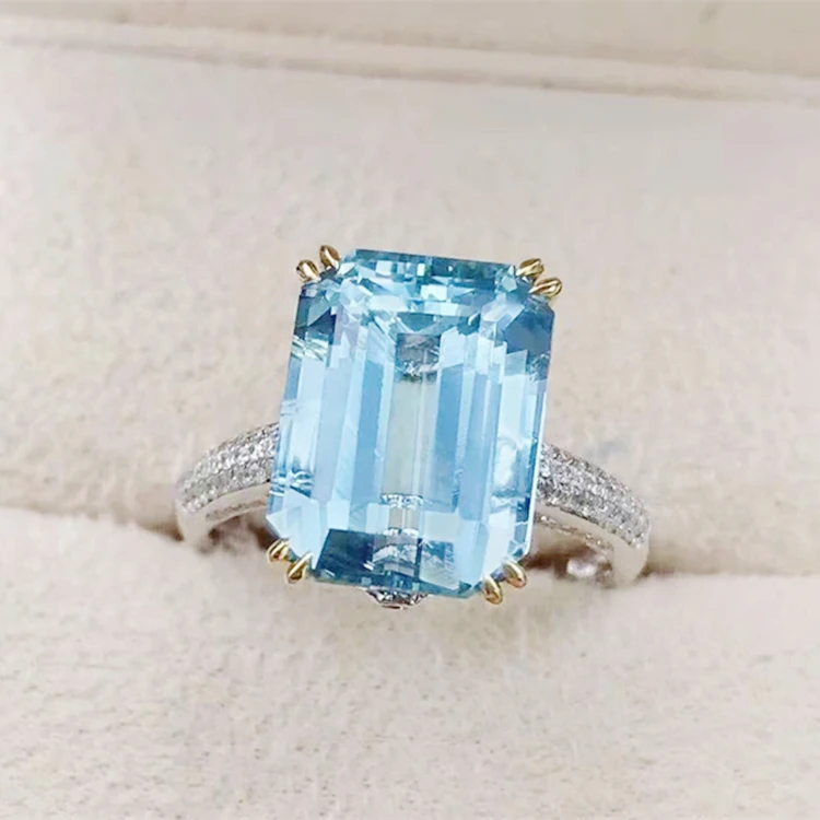 Wholesale Sgarit Natural Gemstone Ring Jewelry 18K Solid Gold Jewelry 6Ct Emerald Cut Genuine Aquamarine Rings Jewelry