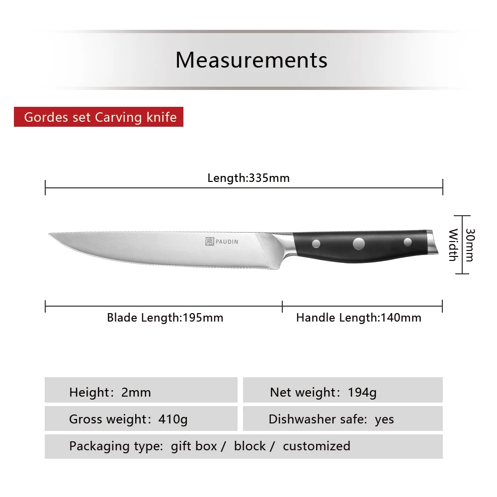 Paudin G5 8 Inch Ultra Sharp Modern 5Cr15Mov Stainless Steel Kitchen Knife With Ergonomically Designed ABS Handle Carving Knife
