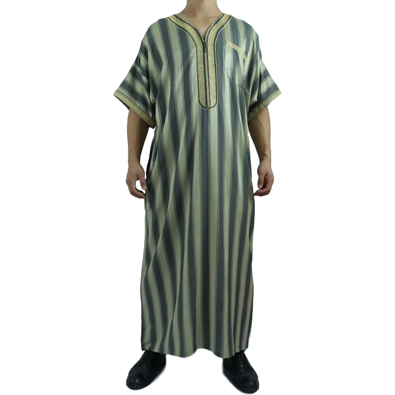 2024 Moroccan Style Men's Delicate Embroidered Caftan Stripe Pattern Short Sleeve Men Thobe Africa Clothing  Islamic Robe